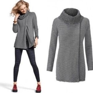 CAbi Black & White Striped Cowl Neck Tunic Sweater